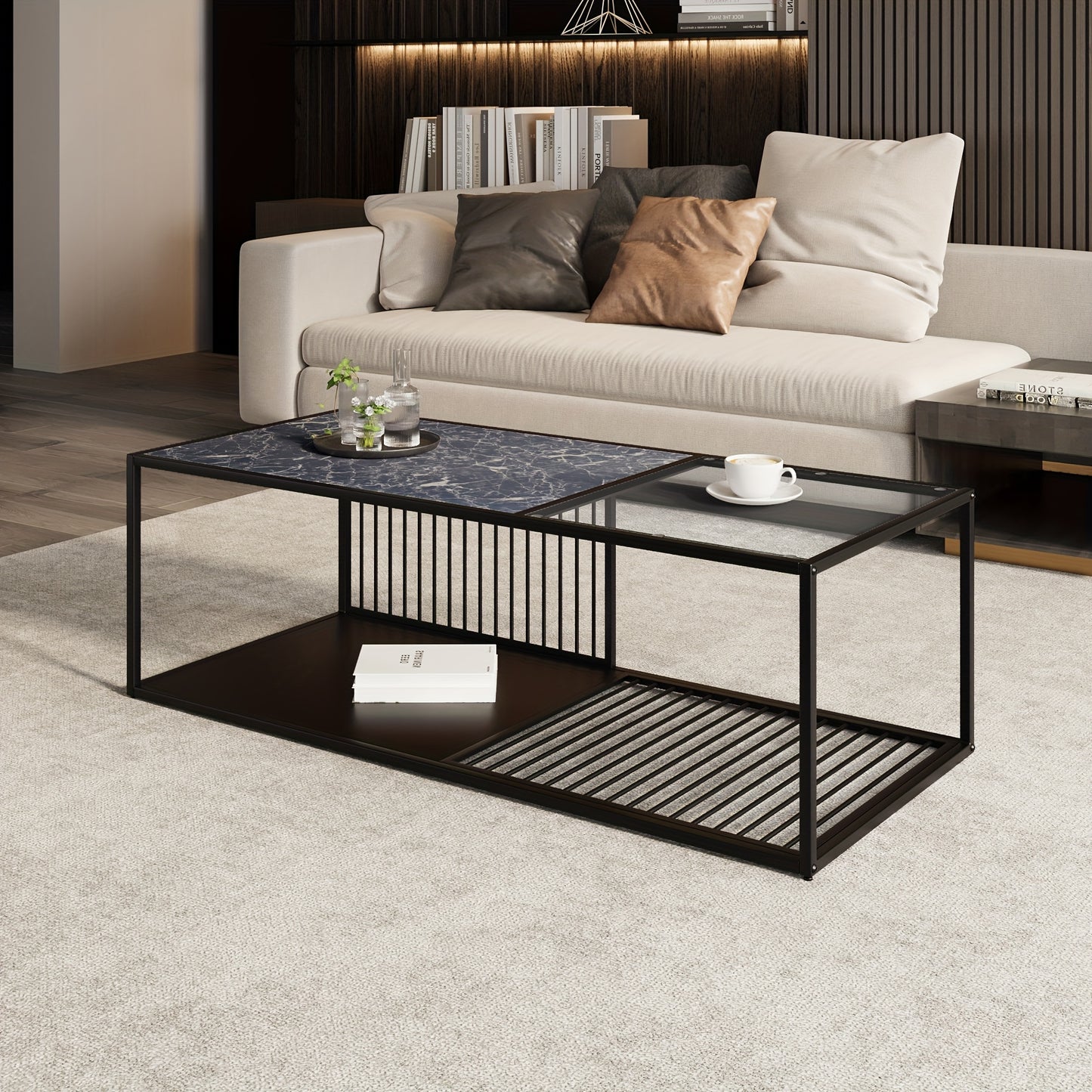 Koffietafel – Salontafel – Bijzettafel – Lounge tafel – Woonkamertafel – Zwart – Glazen Blad – Ruime Opberglade – Minimalistisch Design