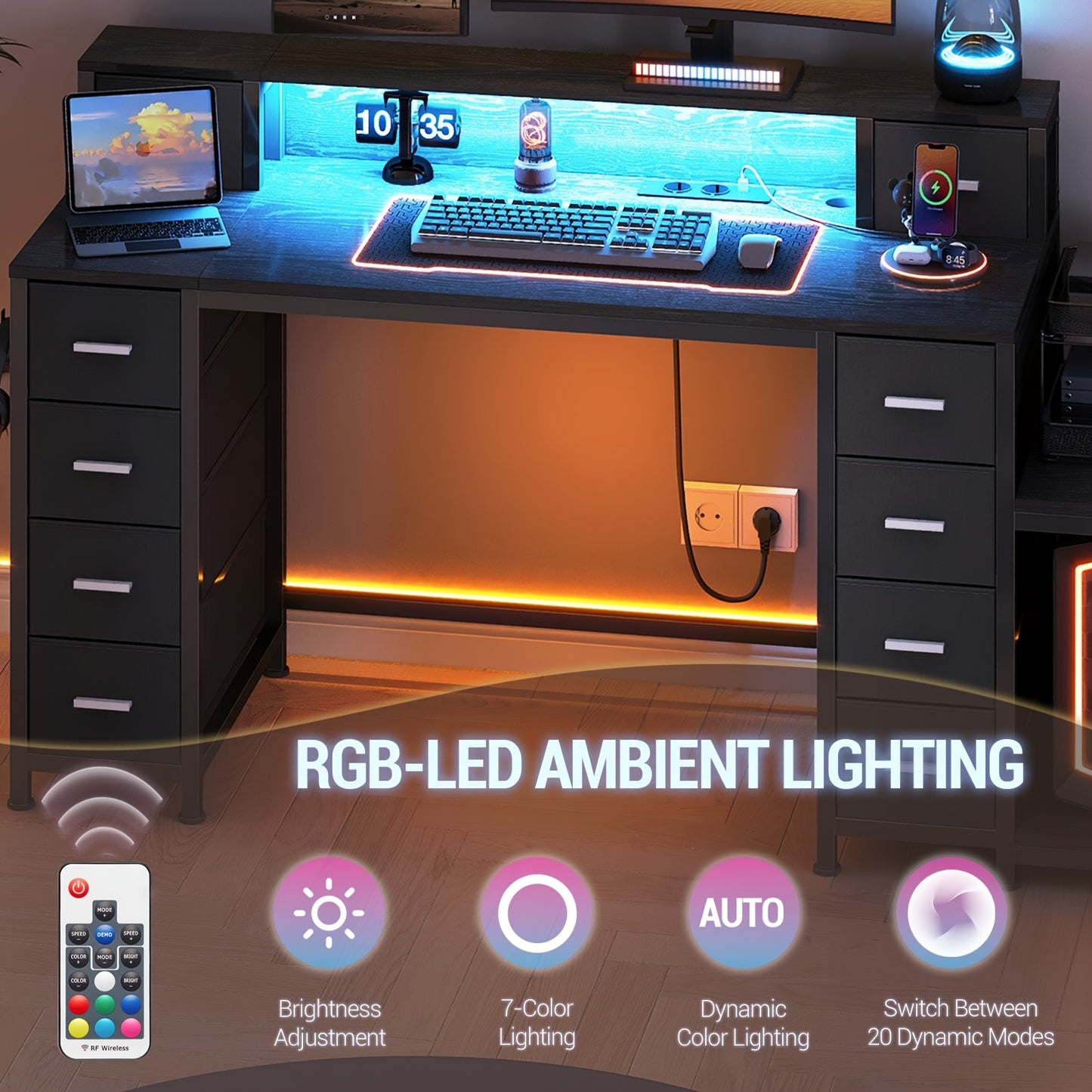 Computertafel – Bureau – Computerbureau – Bureautafel – Gaming Desk – 156x48 cm – RGB LED Verlichting – 10 Stoffen Lades en Monitorstandaard