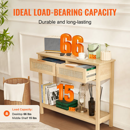 Sidetable – Wandtafel – Consoletafel – Haltafel – Bijzettafel – Natuurlijk Rattan – 2 Lades – Stevige MDF Constructie