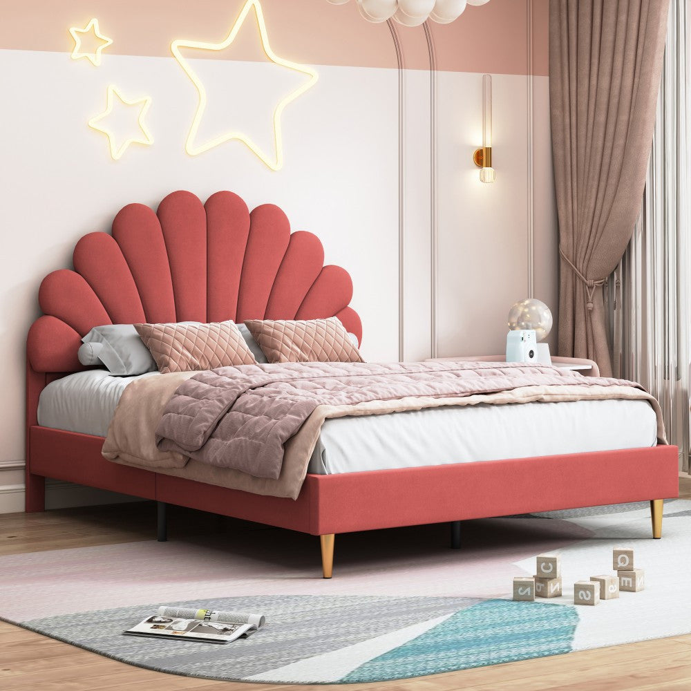 Double Bed Frame with Slatted Base and Headboard, 140 x 200 cm, Velvet, for Bedroom, bbbgddsbb (Mattress Not Included). 4fa54f6e