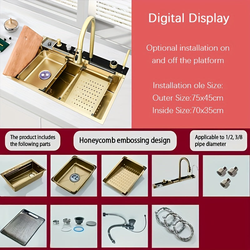Digital Display Waterfall Kitchen Sink with Pull-Out Faucet Combo - 75x45cm Smart Waterfall Sink Honeycomb Deep Single Bowl with Accessories,  Contemporary Design, Easyclean Surface, Modern Homeowners, Interior Designers