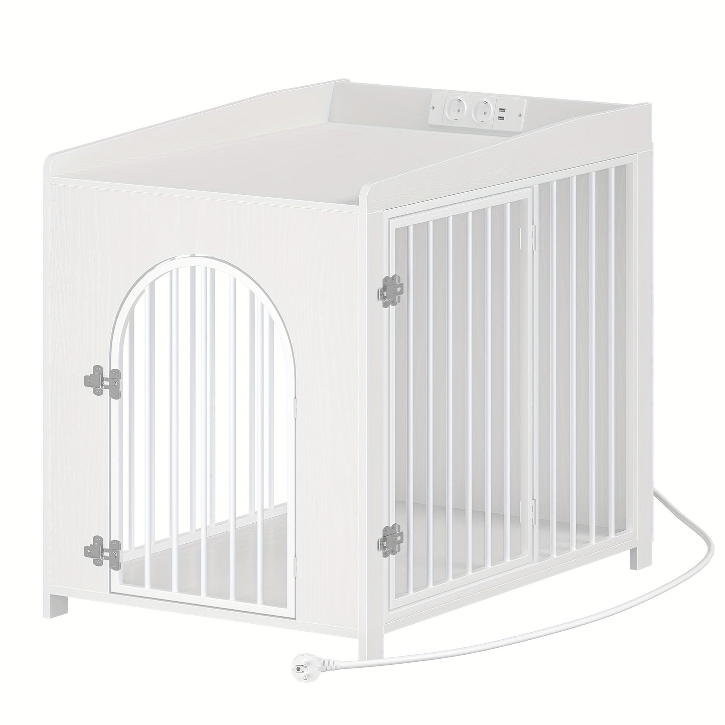 Hondenbench – Hondenkooi – Hondenhok – Hondenren – Dierenbench – Wit – Met USB Poorten En Stopcontacten – 2 Deuren Met Boogvormige Toegang – Geschikt Voor Middelgrote En Kleine Honden – 63x90x79 cm