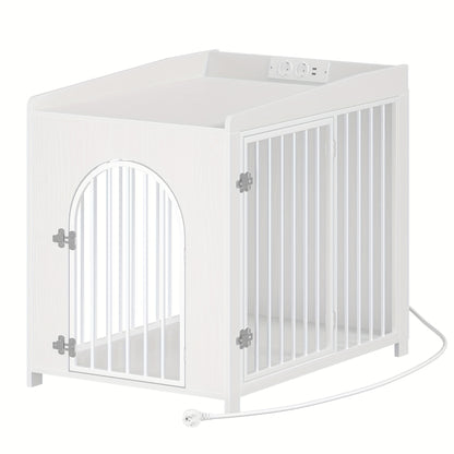 Hondenbench – Hondenkooi – Hondenhok – Hondenren – Dierenbench – Wit – Met USB Poorten En Stopcontacten – 2 Deuren Met Boogvormige Toegang – Geschikt Voor Middelgrote En Kleine Honden – 63x90x79 cm