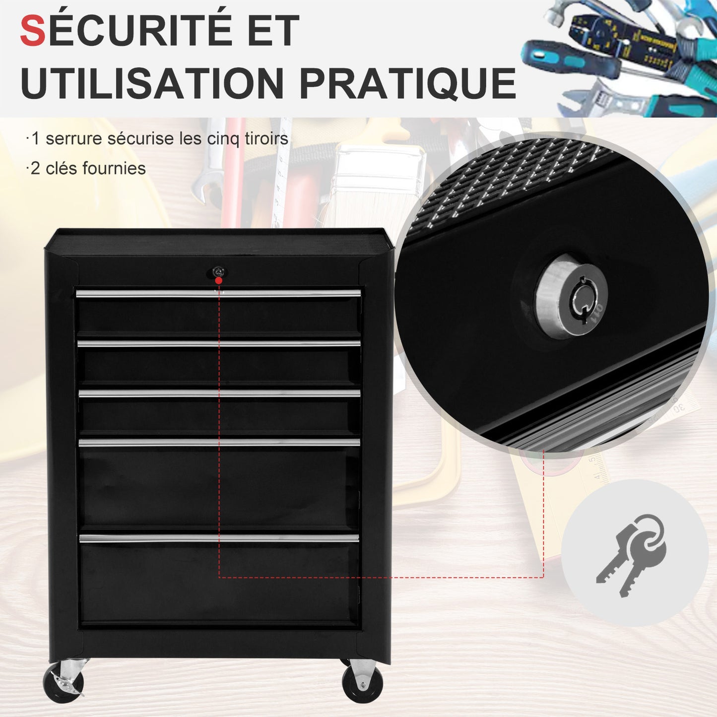 Werkplaatswagen – Gereedschapswagen – Gereedschapskist – Tool trolley – Werkbank kastje – 5 Lades – Vergrendelbaar met Sleutels – Stalen Constructie – Antislip Mat – Zwart