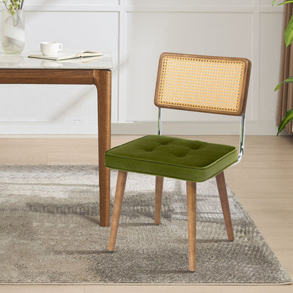 Eetkamerstoelen – Stoelen – Dining Chairs – Zetels – Zitmeubels – Set van 2 Zwarte Mid-Century Modern Boho Stoelen – Houten Frame Met Natuurlijke Rattan Rugleuning – Comfortabele Gestoffeerde Katoenzitting
