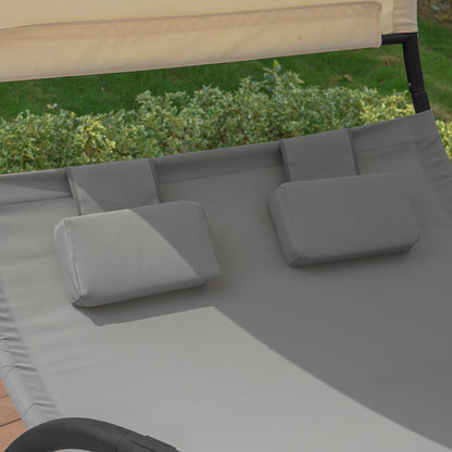 2-Persoons Loungeset – Tuinlounge – Buitenmeubel – Zandstrand Set – Verstelbare Rugleuning – Ingebouwde Parasol – Weerbestendig Metalen Frame