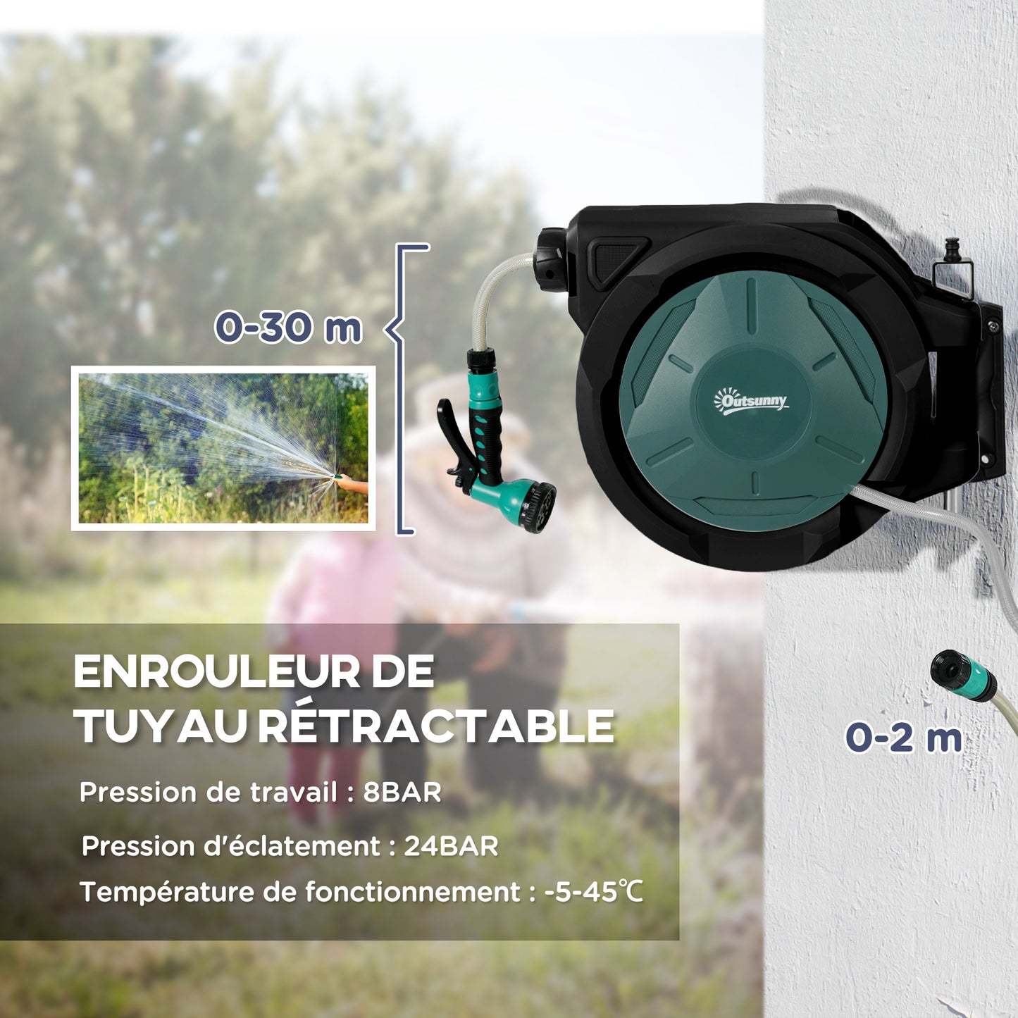 Tuinslanghaspel – Slanghaspel Muurbeugel – Tuinslangoproller – Waterslanghouder – Slangoproller – 30+2 Meter – 7 Waterstraalopties Met 180° Draaiïng