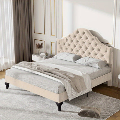 Gestoffeerd Bedframe – Bedombouw – Bedframe – Slaapbed – Bed – 140x190 cm – Verstelbare Hoofdsteun – Houten Lattenbodem – Beige Velours