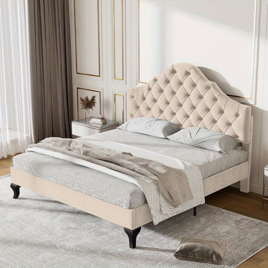 Gestoffeerd Bedframe – Bedombouw – Bedframe – Slaapbed – Bed – 140x190 cm – Verstelbare Hoofdsteun – Houten Lattenbodem – Beige Velours