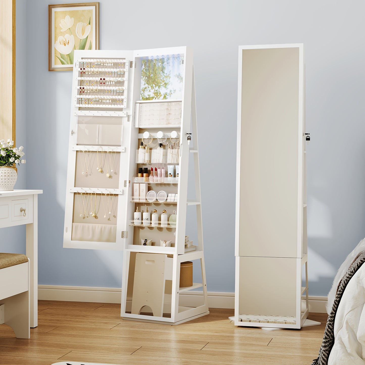 Mirror Jewellery Cabinet, Standing Jewellery Organiser with 360° Rotating Base, Full Length Lockable Mirror, Large 4-Tier Storage Compartments, 4-in-1 Multifunctional, White, Jewelry Armoires - QUORE