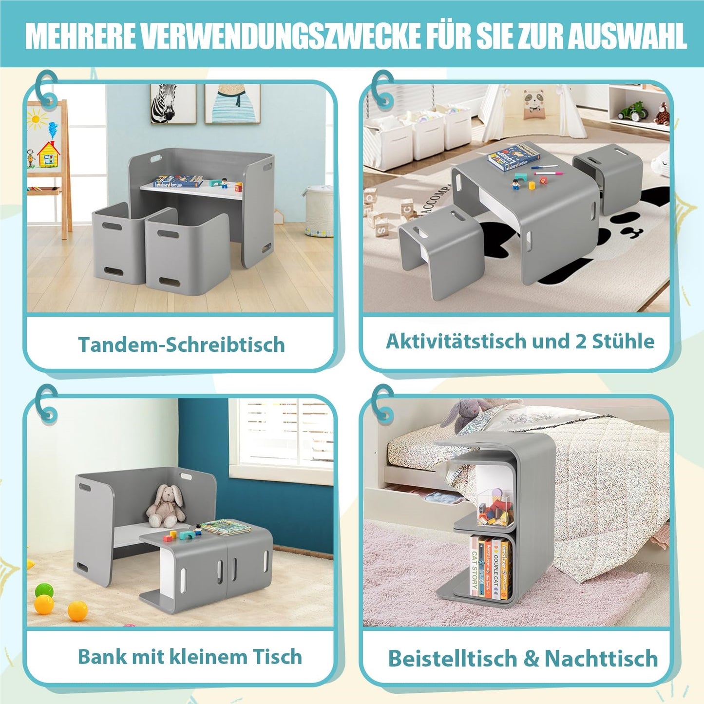 Kindermeubelset – Kinder Tafel – Kinder Stoelen – Kinderset – Kindertafelset – Berkenhout – Ruimtebesparend Ontwerp – Geschikt Voor 2-9 Jaar
