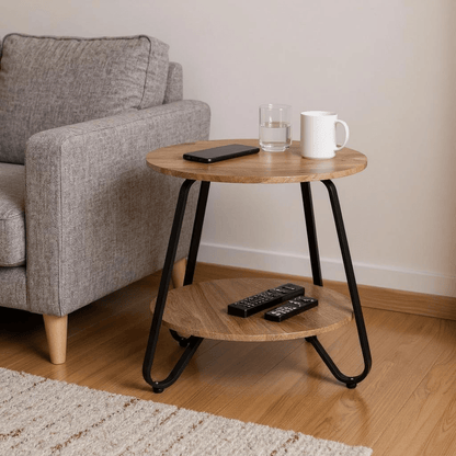 Telefoon tafel – Bijzettafel – Side table – Salontafel – Opbergtafel – Modern ontwerp – Zwart metalen frame – 46x46x45 cm – Bruin MDF oppervlak