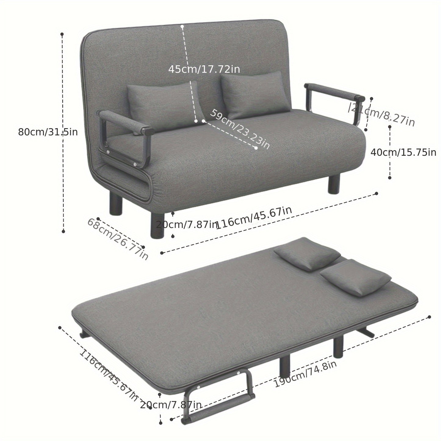 Slaapbank – Bank – Slaapstoel – Zetelbed – Slaapfauteuil – Verstelbare Rugleuning – Stevig IJzeren Frame – Grijs Polyester