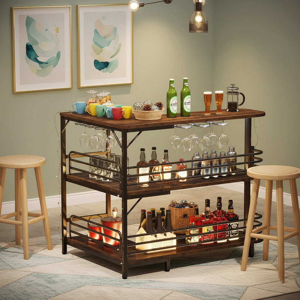 L-vormige Home Bar Cabinet – Hoekbar – Drankkast – Wijnrek – Barmeubel – Ruimtebesparend Hoekontwerp – Stevig Ge-engineerd Hout Met Glasrek
