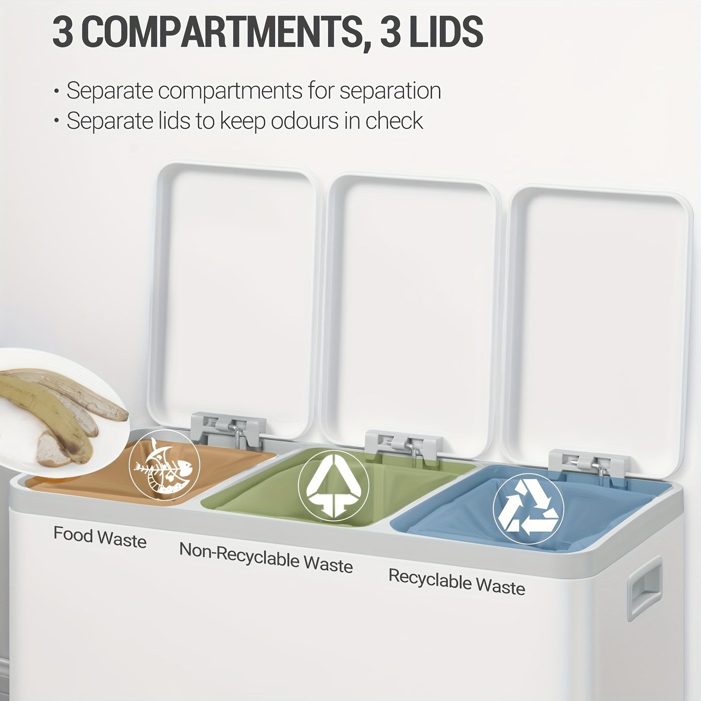 Stainless Steel Kitchen Trash Can with 3-Compartment Waste Sorting System, 45L Total Capacity (3 x 15L) - Heavy-Duty Rectangular Design, Quiet Slow-Lowering Lid - QUORE