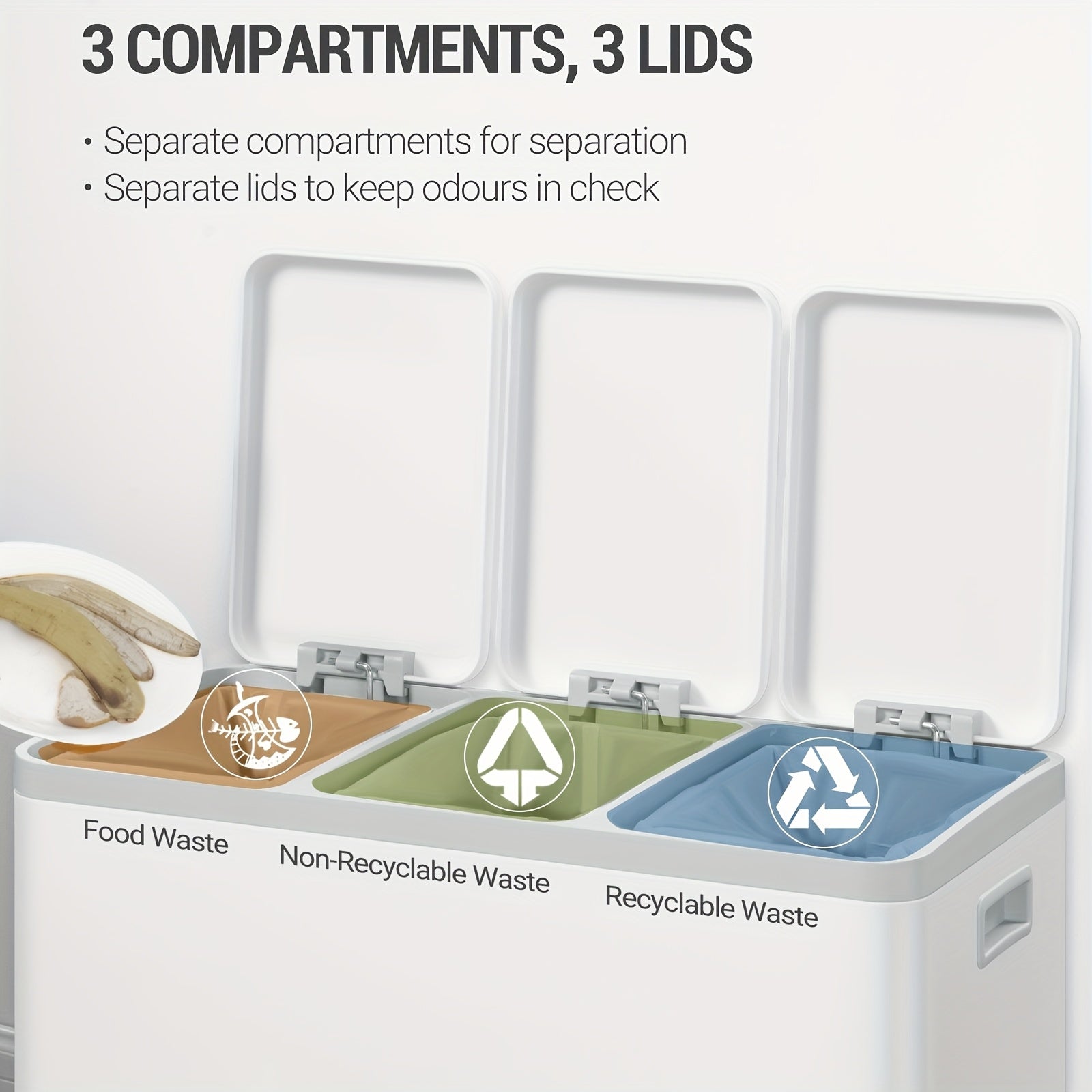 Stainless Steel Kitchen Trash Can with 3-Compartment Waste Sorting System, 45L Total Capacity (3 x 15L) - Heavy-Duty Rectangular Design, Quiet Slow-Lowering Lid - QUORE