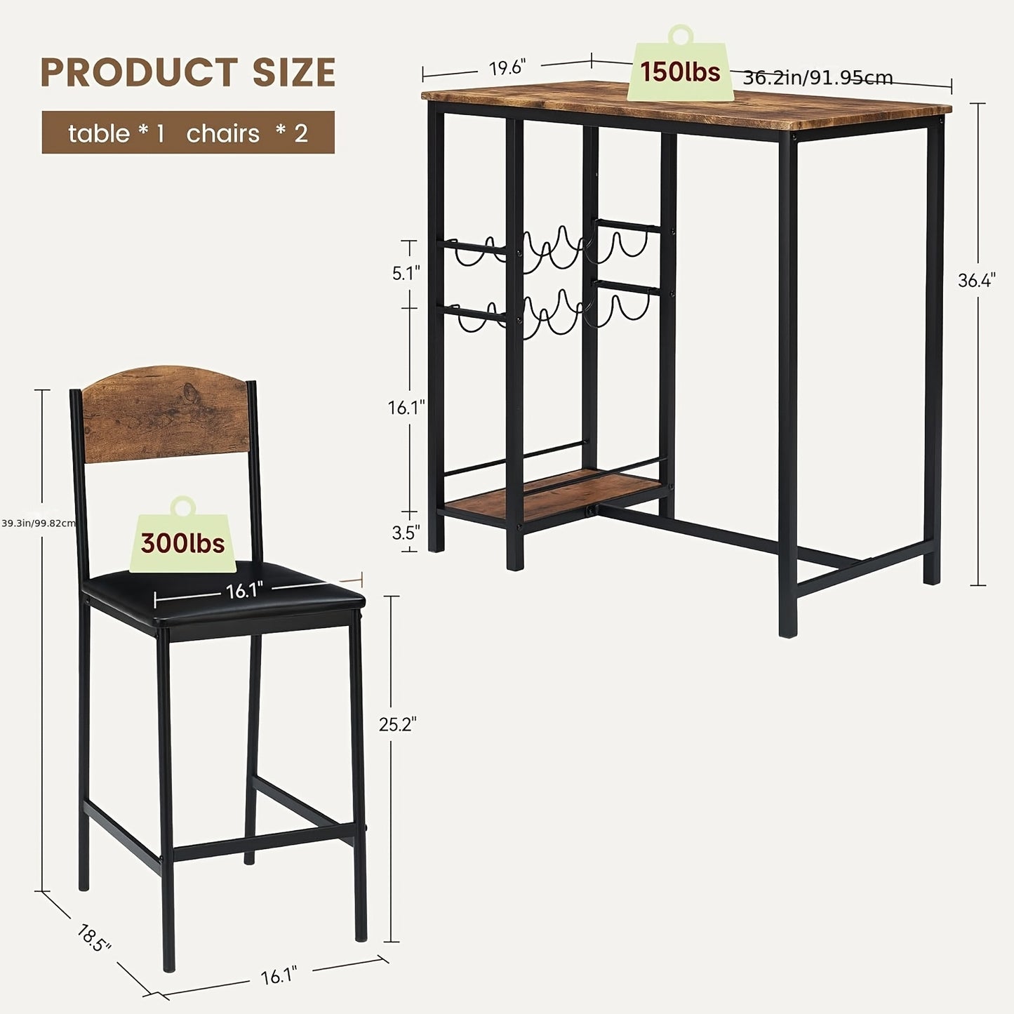 Bartafelset – Bartafel – Barkrukken – Barstoelen – Eettafelset – Bruin – Industrieel Design – Ingebouwde Wijnrekken