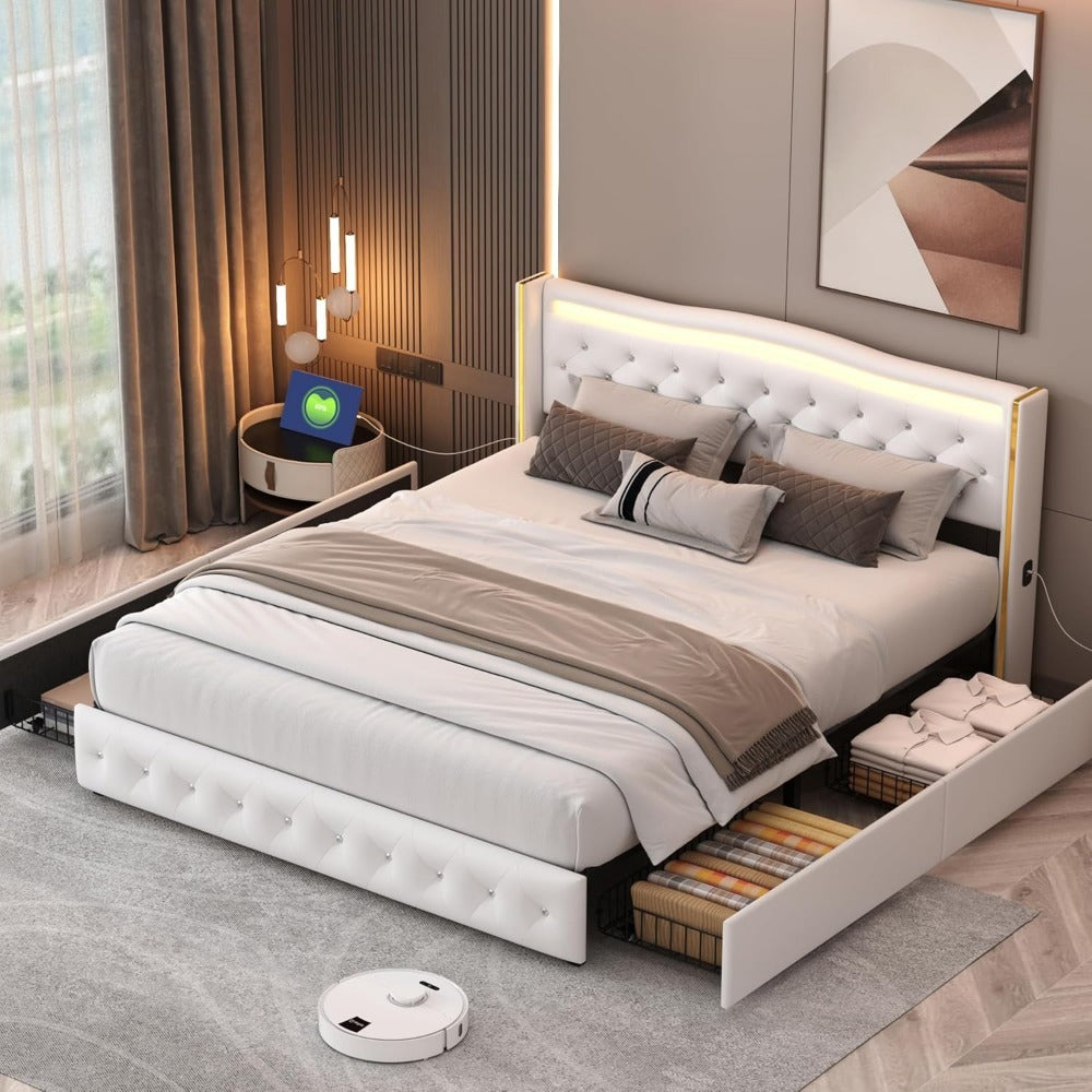 Bedkast – Tweepersoonsbed – Opbergbed – Led Bed – Ladebed – 140x200 cm – PU Leer – USB Oplaadpoorten