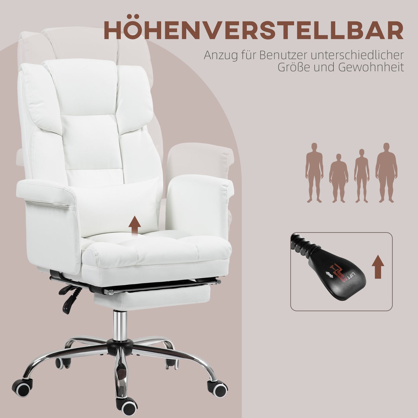 Ergonomische Bureaustoel – Bureaustoel Met Voetsteun – Kantoorstoel – Werkstoel – Taakstoel – Wit – Verstelbare Hoogte 48-56 cm – Kantelbare Rugleuning