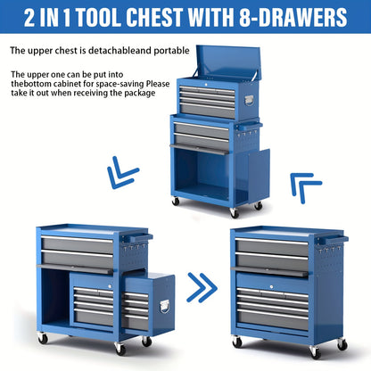 8-Laden Metalen Gereedschapskast – Tool Cabinet – Werkplaatskast – Gereedschapsbox – Gereedschapsopbergkast – Hoge Capaciteit – Vergrendelbare Wielen – Blauw