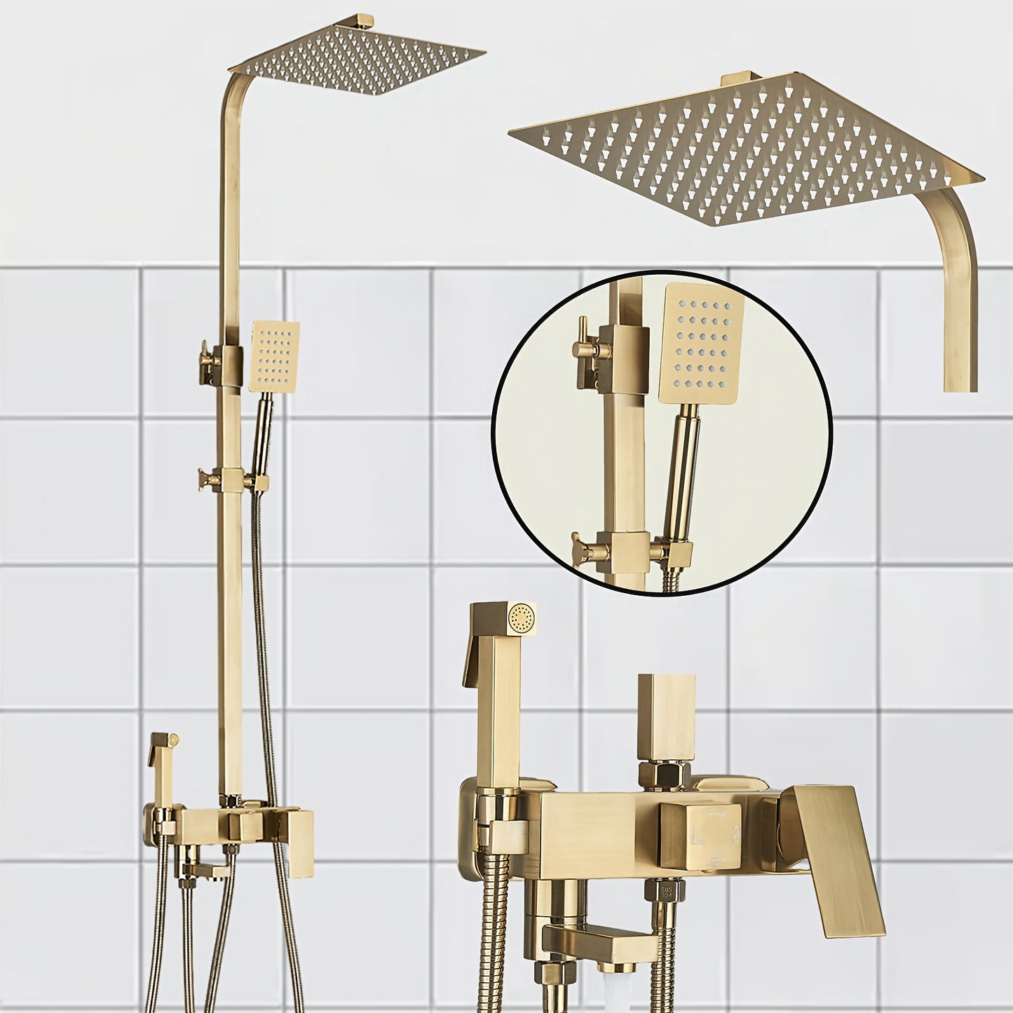 Brushed Golden Bathroom Shower Set - 20.32 cm Square Rainfall Shower Head & Adjustable Height Handheld Shower with Single Handle Control, Wall-Mounted Bath Faucet Kit, Modern Luxury Brass/ Stainless Steel Construction (No Ele
