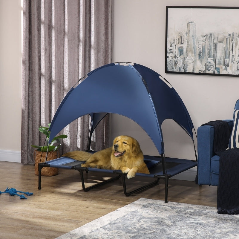 Hondenmand buiten – Hondenbed – Hondenkennel – Huisdierenbed – Hondenhuis – Weerbestendig met Overkapping – Versterkt Frame – 122x92x108 cm – Vintage Blauw-Zwart