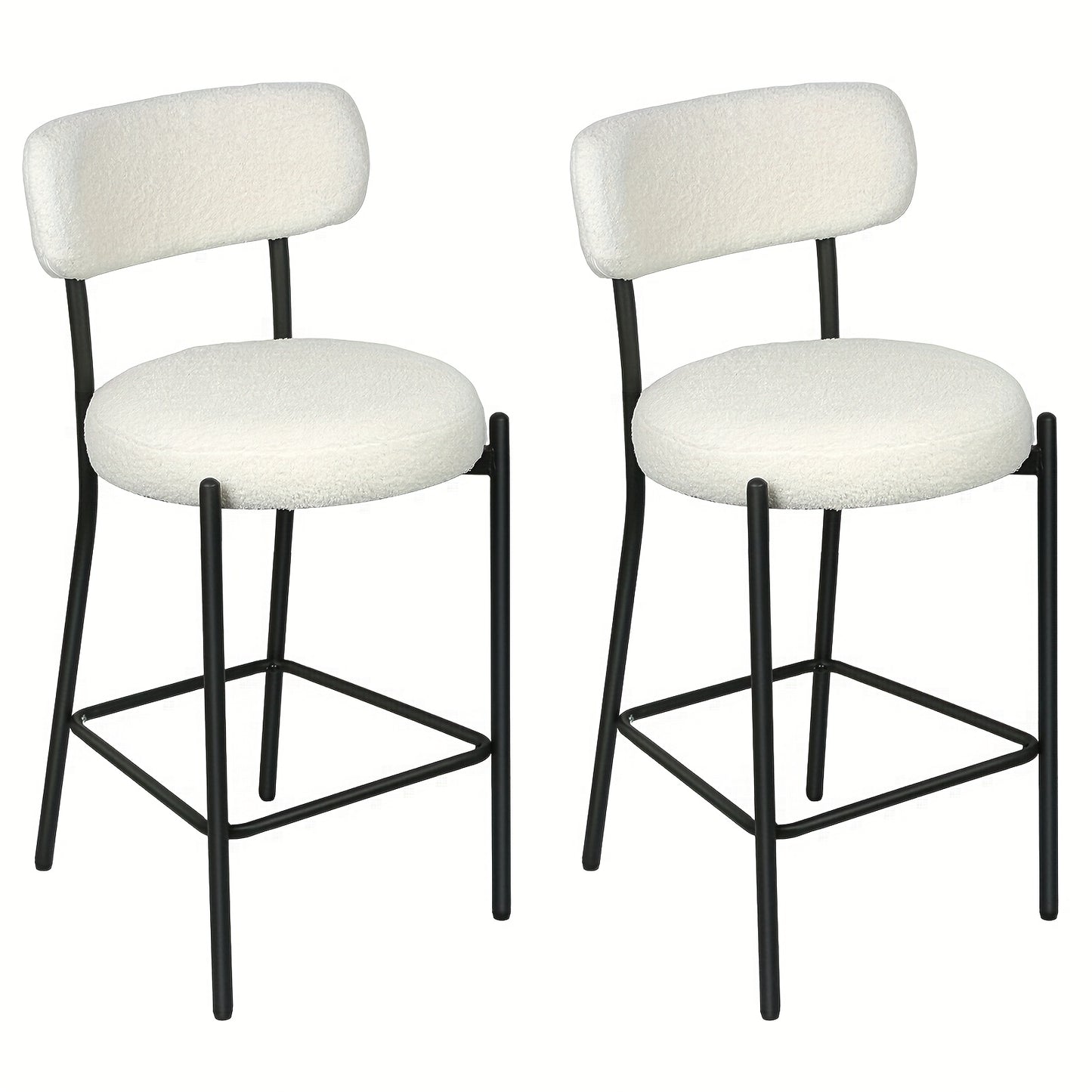 Set of 2 Modern Teddy Boucle Counter Height Chairs & Bar Stools - Plush Round Thick-Seated Padded Dining Set with Black Carbon Steel Frame, Kitchen, Cafe, Breakfast Nook Furniture for or Commercial Use - Easy Assembly