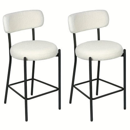 Set of 2 Modern Teddy Boucle Counter Height Chairs & Bar Stools - Plush Round Thick-Seated Padded Dining Set with Black Carbon Steel Frame, Kitchen, Cafe, Breakfast Nook Furniture for or Commercial Use - Easy Assembly