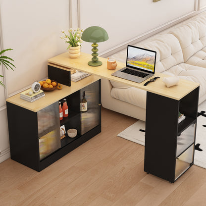 Uitschuifbare Bartafel – Bistrotafel – Hoge Tafel – Bijzettafel – Multifunctionele Tafel – Zwart Rattan Glas – 360° Draaibaar Zonder Tillen – Met Opbergruimte