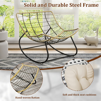 Schommelstoel – Schommelstoel Tuin – Relaxstoel – Fauteuil – Loungestoel – Oversized Design – PE-Rattan Metalen Frame – Memory Foam Kussen – Weerbestendig – Beige
