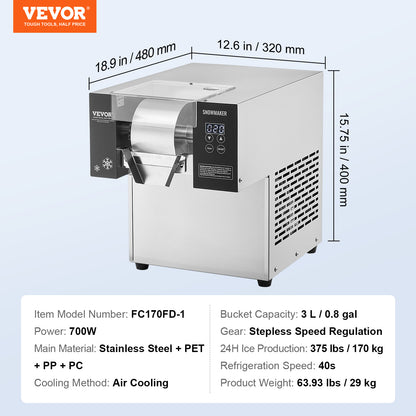 Sneeuwvlok ijsmachine – Sneeuwijs maker – IJsblokjesmachine – Softijs machine – IJsbereider – Professioneel 170 kg per dag – RVS behuizing duurzaam