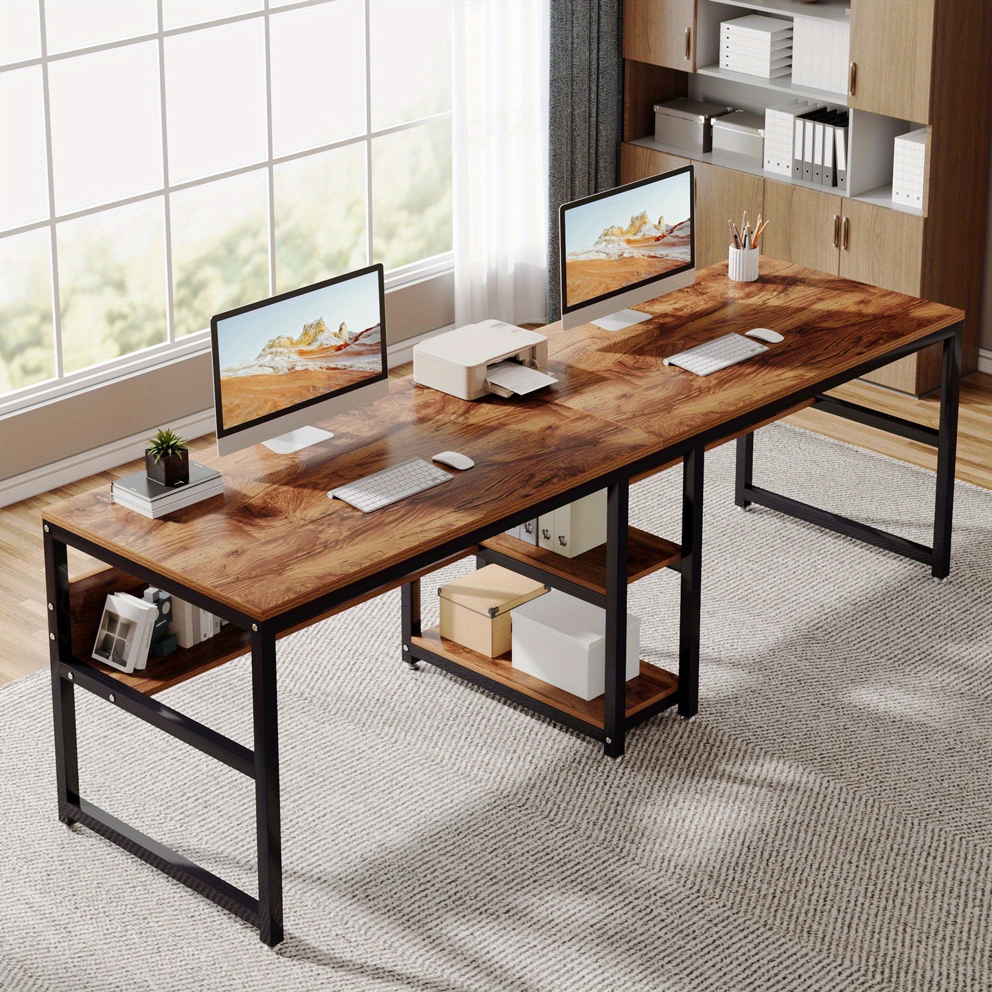 Bureau – Bureautafel – Computertafel – Werktafel – Dubbel bureau – Industrieel design – Ruim 200 cm lang – Met opbergruimte en verstelbare poten