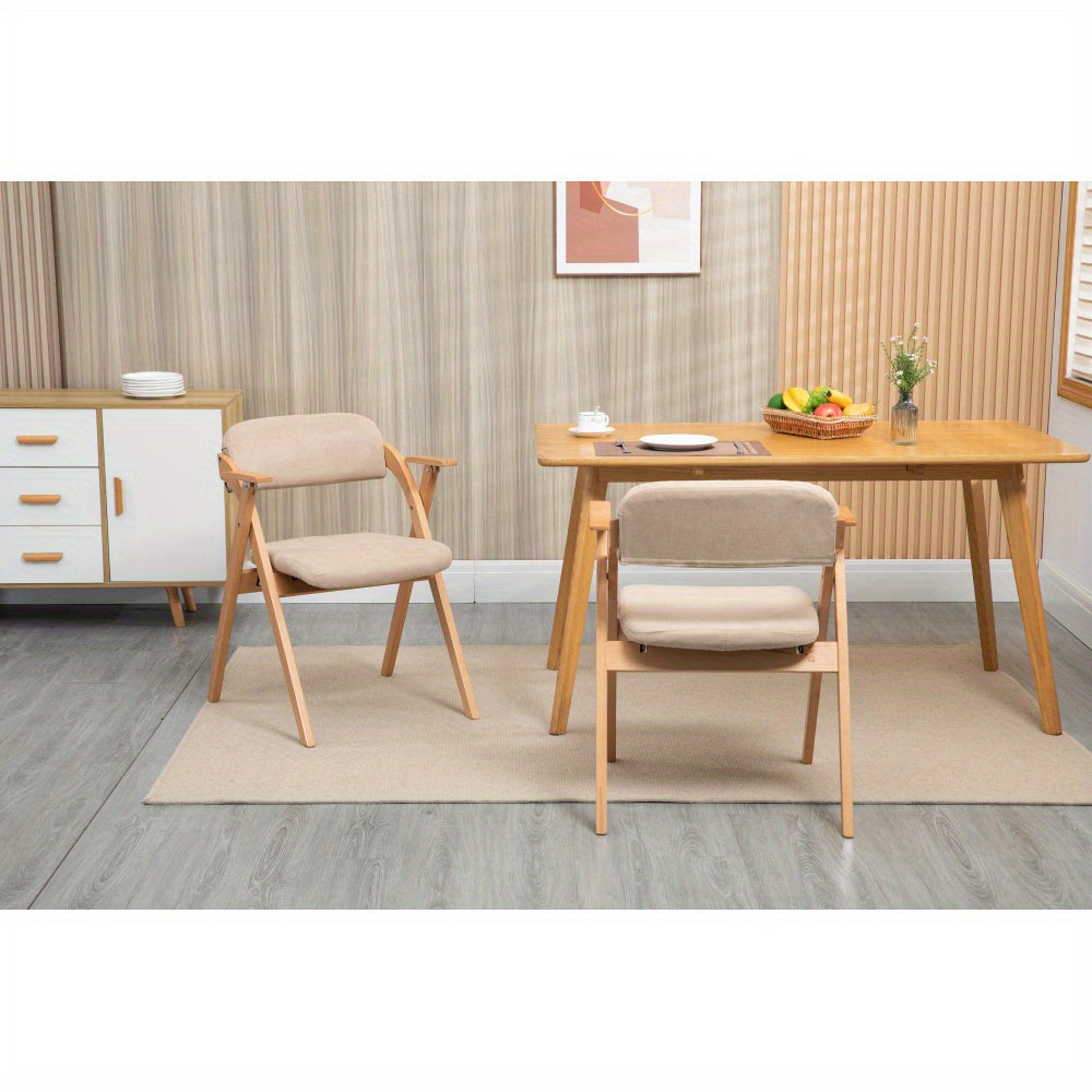 Inklapbare Stoelen – Vouwstoelen – Opvouwbare Stoelen – Stapelstoelen – Eetkamerstoelen – Houten Frame – Beige Stoffen Zitting – Met Armleuningen – Set Van 2