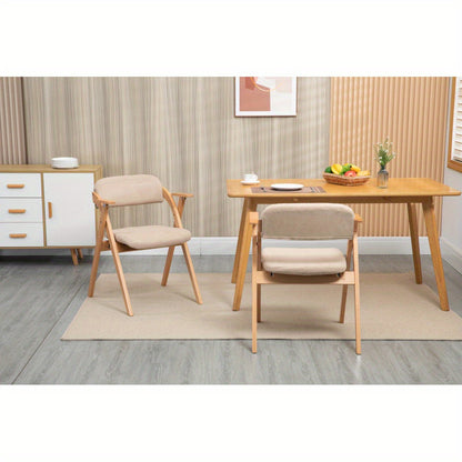 Inklapbare Stoelen – Vouwstoelen – Opvouwbare Stoelen – Stapelstoelen – Eetkamerstoelen – Houten Frame – Beige Stoffen Zitting – Met Armleuningen – Set Van 2