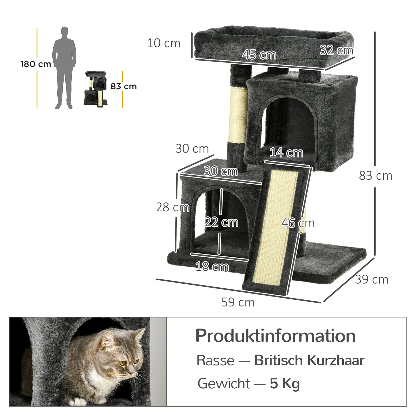 83 cm Small Cat Scratching Post with Sisal Columns, Cat Climbing Tree, Cat Furniture Play Tree for Small Cats, Dark Gray