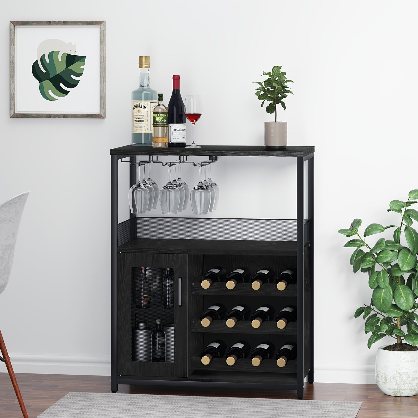 Three-layer bar cabinet with wine rack and a large storage space, buffet cabinet with glass rack and mesh door, suitable for kitchen, living room and bar, 69x35x92cm, Kitchen Storage Solution, Wine Rack Cabinet, Multi-Level S