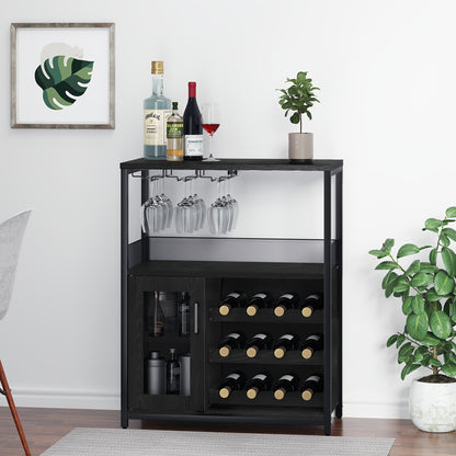 Three-layer bar cabinet with wine rack and a large storage space, buffet cabinet with glass rack and mesh door, suitable for kitchen, living room and bar, 69x35x92cm, Kitchen Storage Solution, Wine Rack Cabinet, Multi-Level S
