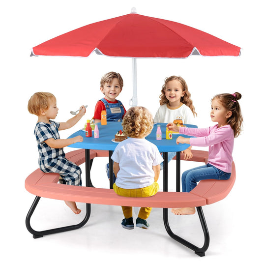 Speelset – Kindertuinset – Picknicktafel – Buitenspeelset – Kinderzitgroep – Voor 8 Kinderen – Verstelbare Parasol – Weerbestendig HDPE Materiaal