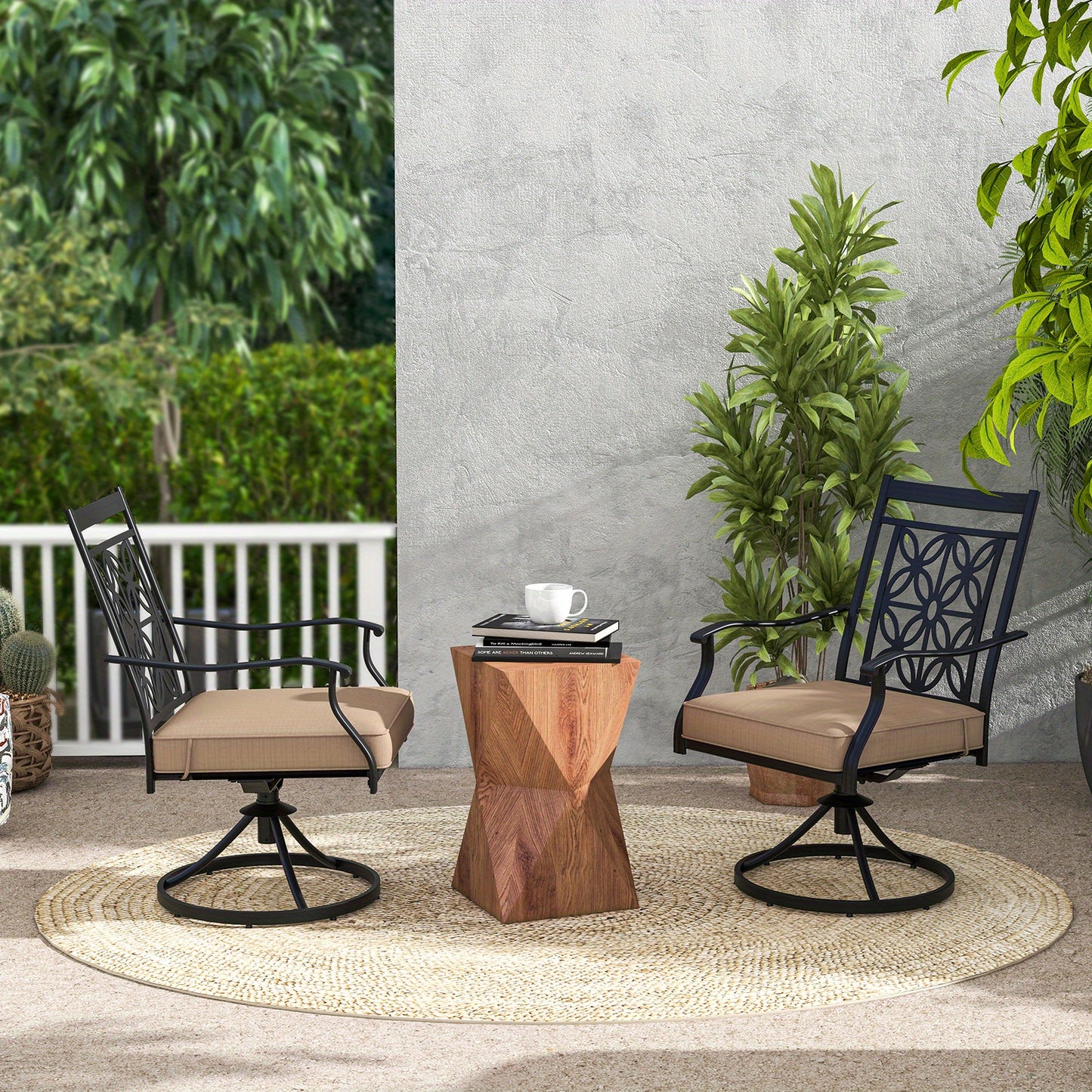 Patio Stoelen – Tuinstoelen – Balkonstoelen – Bistrostoelen – Draaistoelen – Metalen Frame – 360° Draaifunctie – Zachte Khaki Kussen