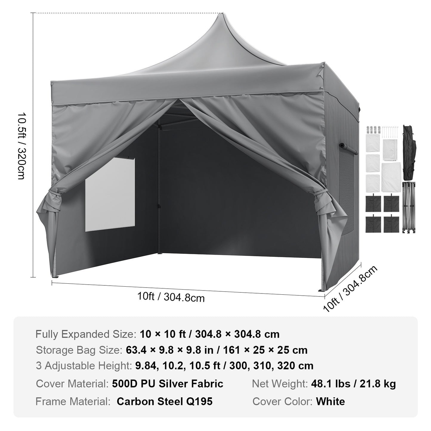 Pop-up Gazebo – Opvouwbare Tent – Buitenoverkapping – Partytent – Tuinkamer – Verstelbare Hoogte – Waterafstotende 500D PU Coating