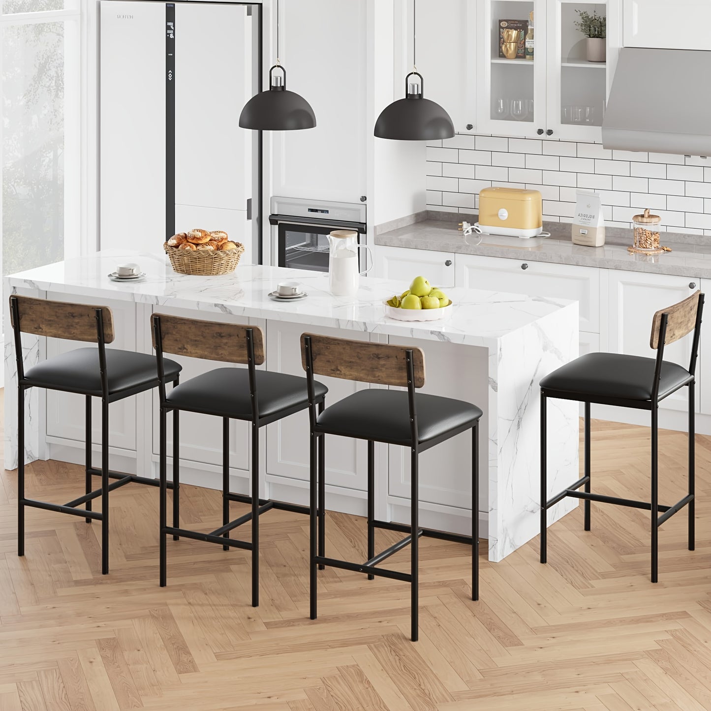 Barstoel – Barkruk – Barstoel Kruk – Barstoelen Set – Bistrostoel – Set Van 4 – Rustiek Bruin – PU Bekleding – Met Rugleuning En Voetsteun – Houten Frame – Gemakkelijk Te Monteren Zonder Gereedschap