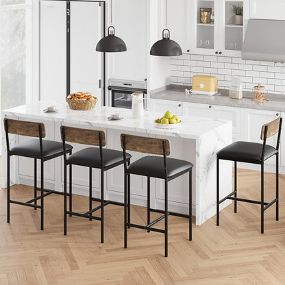 Barstoel – Barkruk – Barstoel Kruk – Barstoelen Set – Bistrostoel – Set Van 4 – Rustiek Bruin – PU Bekleding – Met Rugleuning En Voetsteun – Houten Frame – Gemakkelijk Te Monteren Zonder Gereedschap