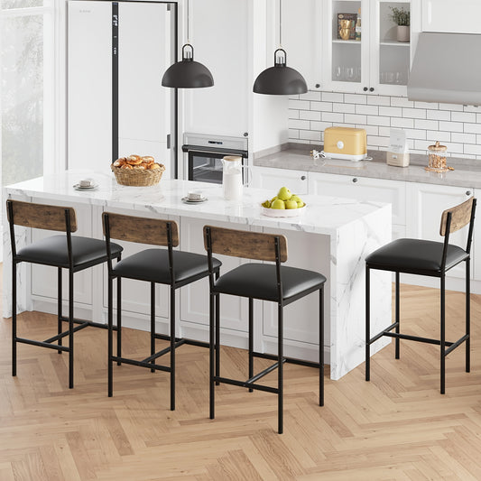 Barstoel – Barkruk – Barstoel Kruk – Barstoelen Set – Bistrostoel – Set Van 4 – Rustiek Bruin – PU Bekleding – Met Rugleuning En Voetsteun – Houten Frame – Gemakkelijk Te Monteren Zonder Gereedschap