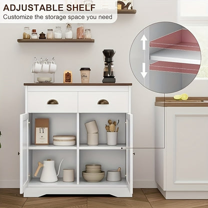 Farmhouse White Buffet Cabinet with Storage, Kitchen Sideboard with 2 Doors and 2 Drawers, Wooden Coffee Bar Cabinet with Shelves for Dining Room, Living Room, Storage Drawer Units
