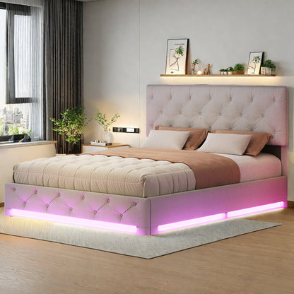 Opbergbed – Led Bed – Sleeplift Bed – Slaapbank – Bedkast – 160x200 cm – Linnen Hoofdeinde – USB Oplaadpoort