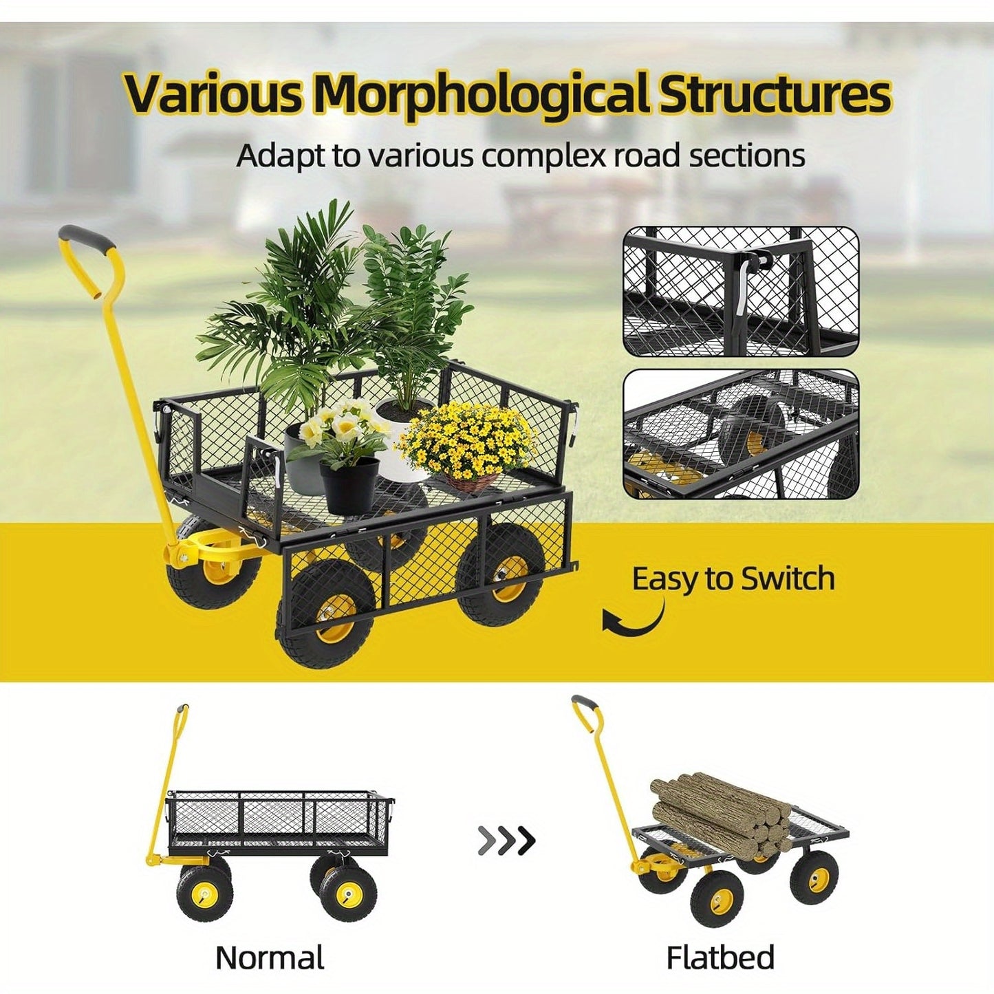 Tuinkar – Tuinwagen – Bolderkar – Transportkar – Kiepkar – 498,95 kg Draagvermogen – 240° Draaibare Handgreep – 25,4 cm Luchtbanden – Afneembare Zijpanelen