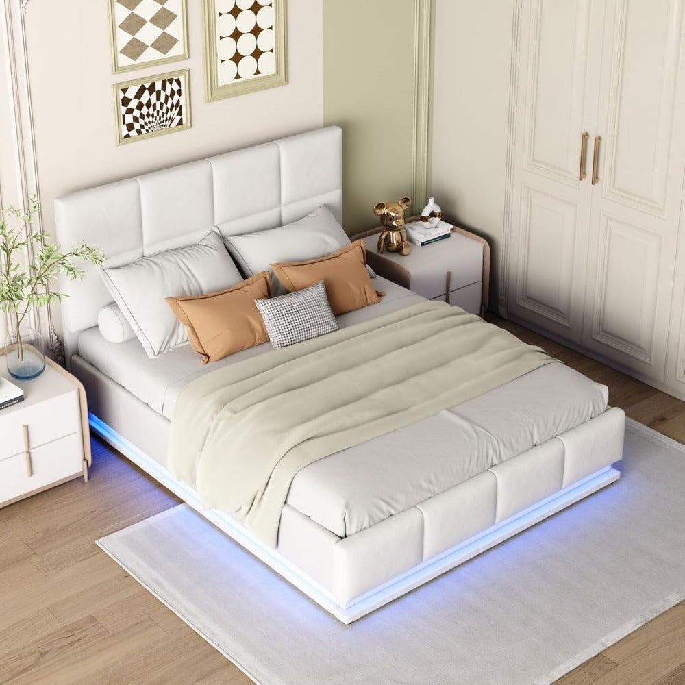 Tweepersoonsbed – Opbergbed – Boxspringbed – Led Bed – Kunstleren Bed – Wit – Met LED-Verlichting – 35 cm Opbergruimte
