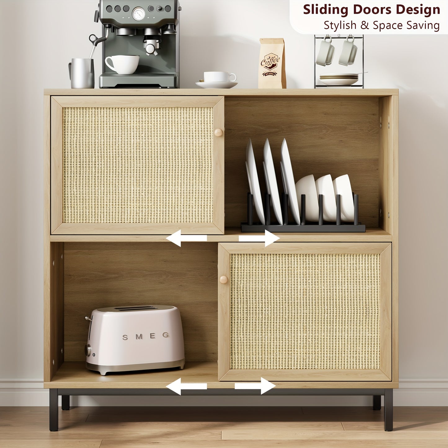 Sideboard – Dressoir – Opbergkast – Kast – Wandmeubel – Schuifdeuren – 4 Ruime Compartimenten – MDF Houtfineer – Compact 101 cm Hoog