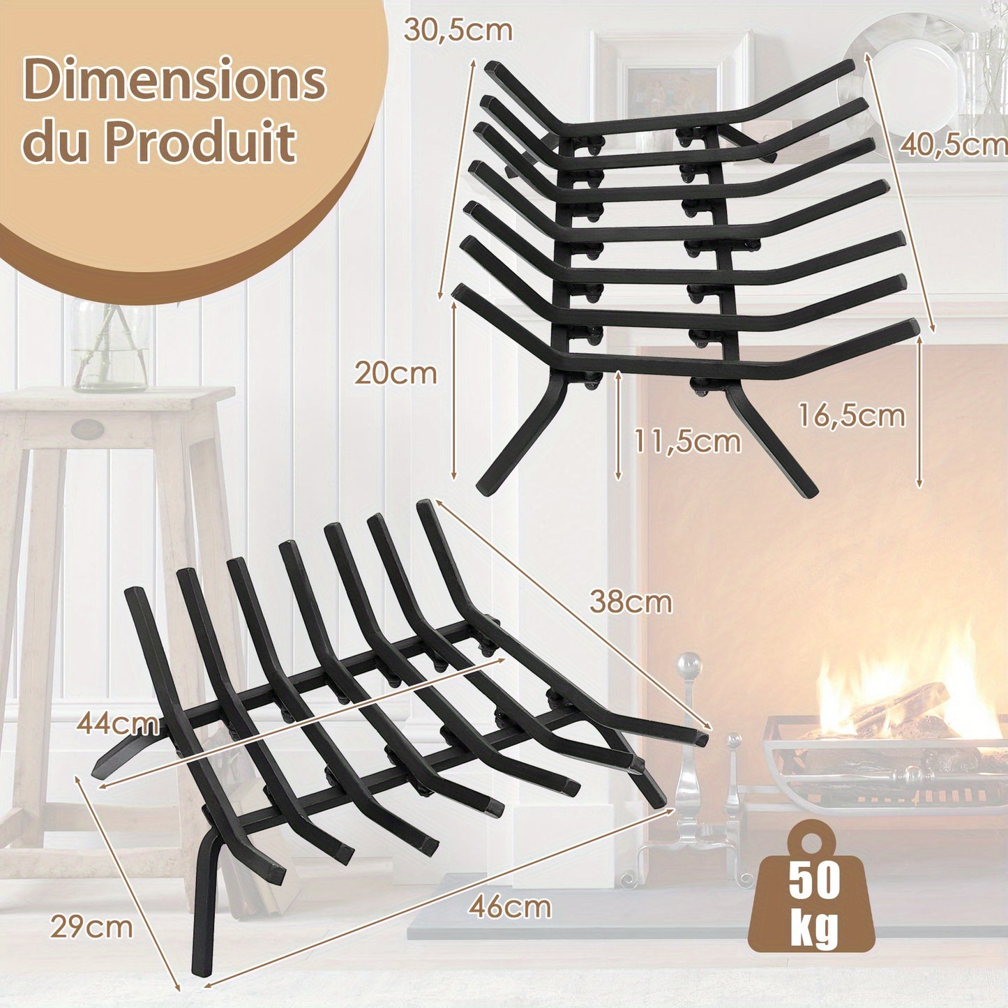 Houtkorf – Haardrooster – Brandhoutrek – Houtopslag – Houtmand – Smeedijzer – 46 cm – Robuust & Verhoogd Design