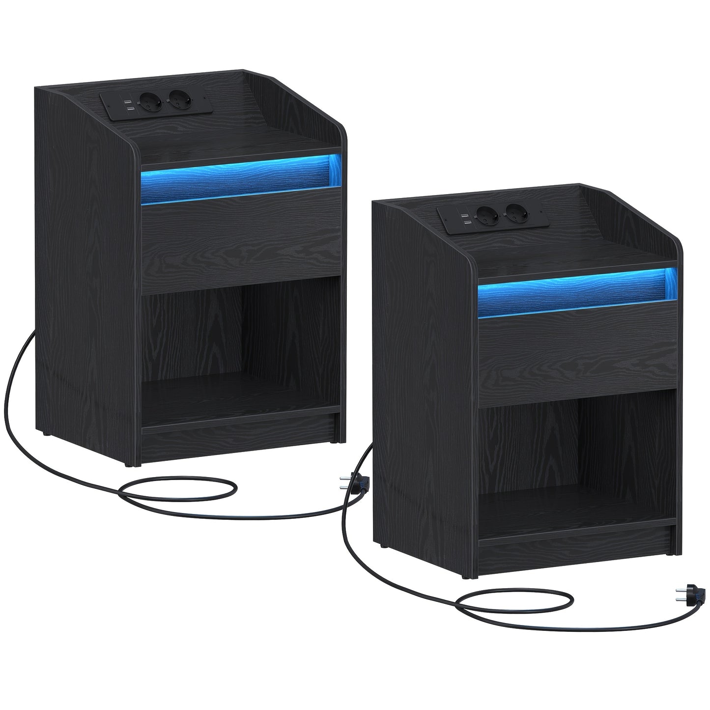 Nachtkastje – Bedside Table – Bijzettafel – Opberglade – Sfeerverlichting – Met LED-Verlichting En Oplaadstation – 2 USB-Poorten En Stopcontacten – Set Van 2 – 35x40x58 Cm – Stevig Hout – Zwart